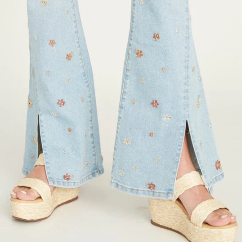 DRIFTWOOD FARRAH FLARE SLIT TWEEDLE DUM EMBROIDERED JEANS